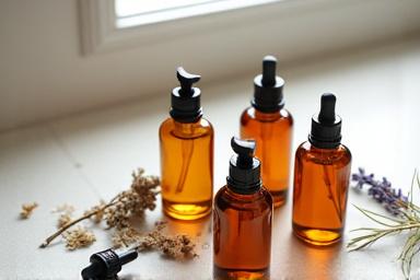 様々なエッセンシャルオイルが入った琥珀色のガラス瓶
