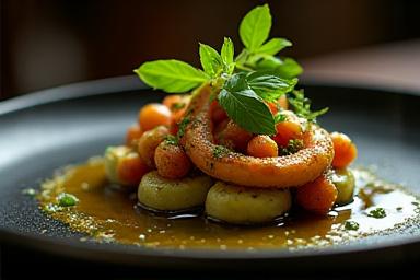 新鮮なハーブが飾られた職人技の食品